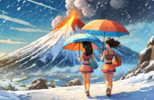 Adobe Firefly AI generated image. Prompt: anime style, two characters wearing bikinis and are walking while holding umbrellas, it is snowing, snow is on the ground, there is a volcano erupting, the people are facing away from the viewer.