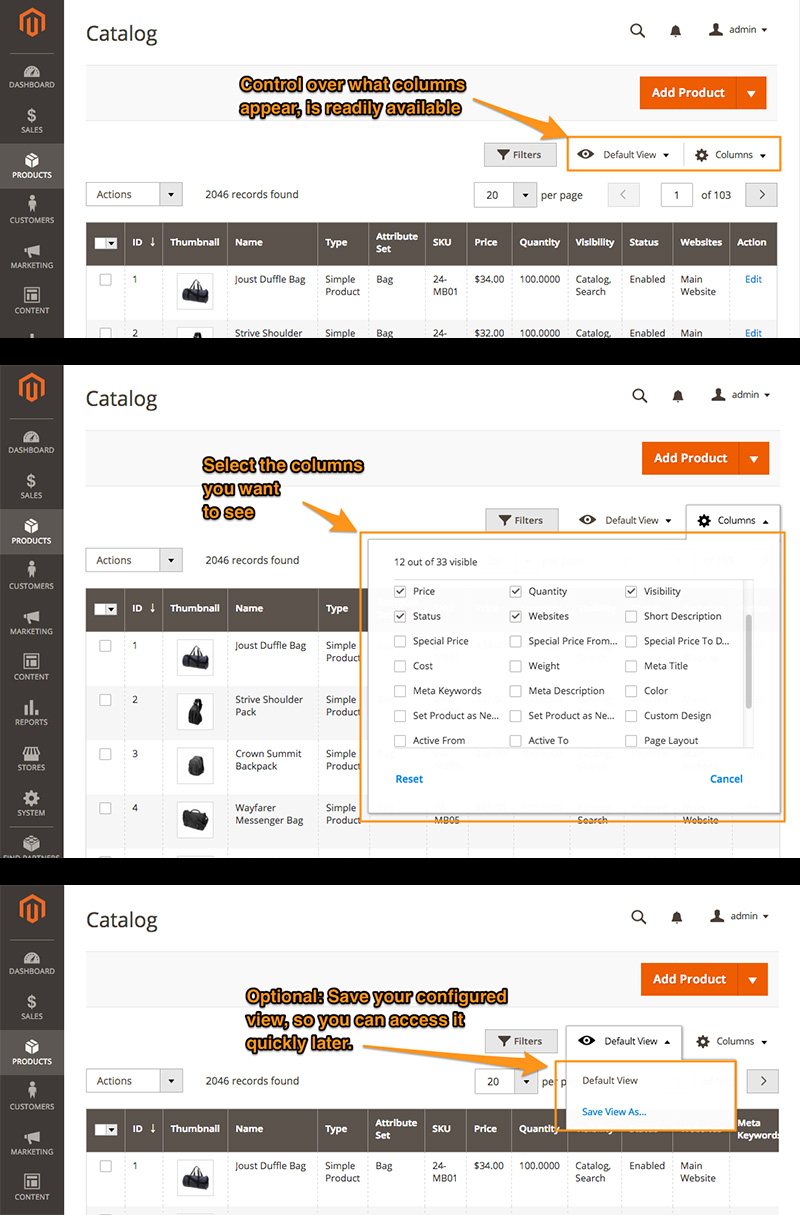 Control over product columns