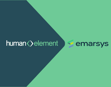 A two-toned image with a dark blue triangle on the left featuring the human element logo, and a mint green background on the right displaying the emarsys logo.