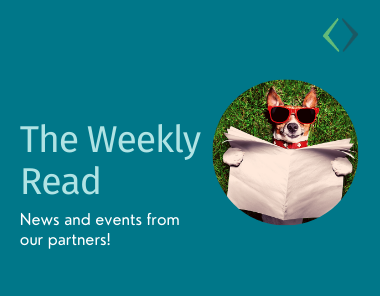 A dog wearing red sunglasses and a red collar sits on grass holding an open newspaper. Beside it, text reads: The Weekly Read. News and events from our partners! on a teal background.