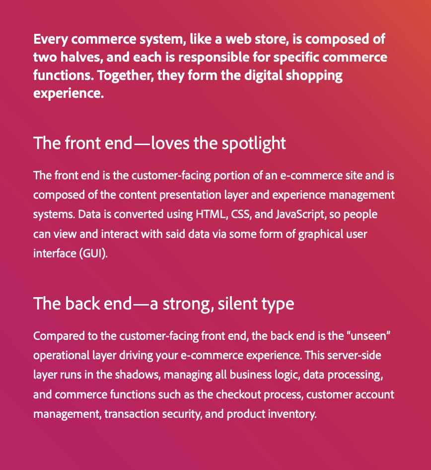 Differences between front end and back end of every commerce system