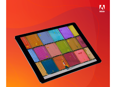 A tablet displaying an aerial view of colorful shipping containers, placed on a red-orange gradient background with the Adobe logo in the top right corner.