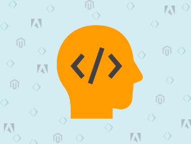 An orange silhouette of a human head with a black HTML code symbol inside, set against a light blue background with repeating Adobe and Magento logos and geometric shapes.