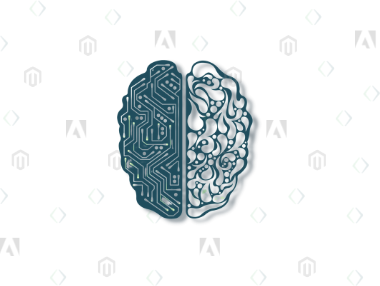 Illustration of a brain split in half. The left side resembles a circuit board, symbolizing technology, while the right side is stylized with organic curves, representing creativity. The background is a subtle pattern of geometric shapes.