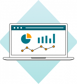 Illustration of an open laptop displaying data visualizations, including a pie chart, bar graph, and line graph with data points, set against a light blue diamond-shaped background.