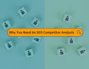 Image with wooden blocks showing person icons spread on a teal and light blue background, overlaid with a yellow search bar that reads, Why You Need An SEO Competitor Analysis, highlighting the Human Element in digital strategy.