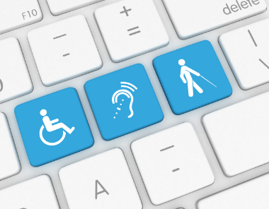 Three blue keyboard keys display white accessibility icons—a person in a wheelchair, an ear with sound waves, and a person with a cane—highlighting the human element of web accessibility & eCommerce for physical, hearing, and visual disabilities.
