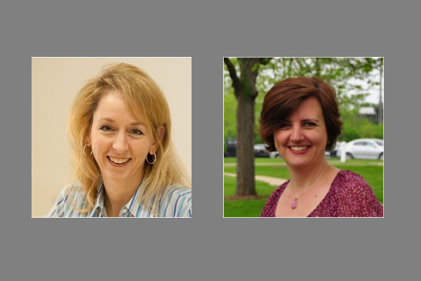 Side-by-side portraits of two women smiling; the woman on the left has long blonde hair and wears a striped shirt, while the woman on the right has short brown hair and wears a pink top, standing outdoors with trees and cars in the background.