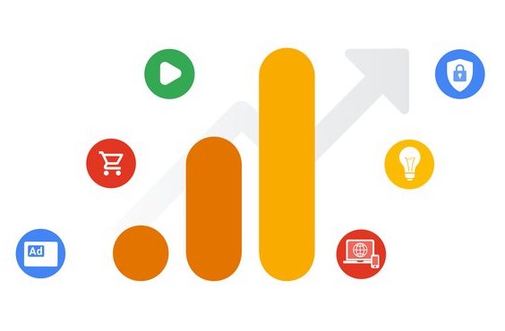 A bar graph with rising bars and an upward arrow, surrounded by icons for shopping, ads, video, security, ideas, and global connectivity, representing growth and digital marketing analytics.