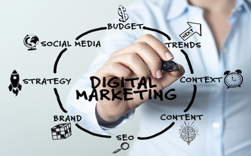 A person writes “DIGITAL MARKETING” on glass, surrounded by keywords like budget, trends, content, SEO, and strategy—a vivid illustration of the core elements that drive successful digital marketing campaigns.