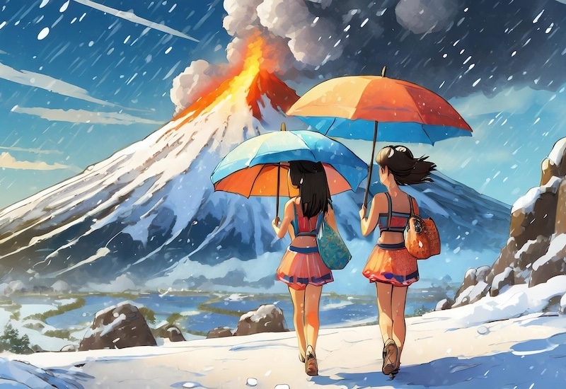 Adobe Firefly AI generated image. Prompt: anime style, two characters wearing bikinis are walking while holding umbrellas, it is snowing, and there is a volcano erupting.
