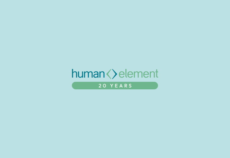 Logo reading human element with a diamond shape between the words, and 20 YEARS below on a green bar, all on a light blue background.