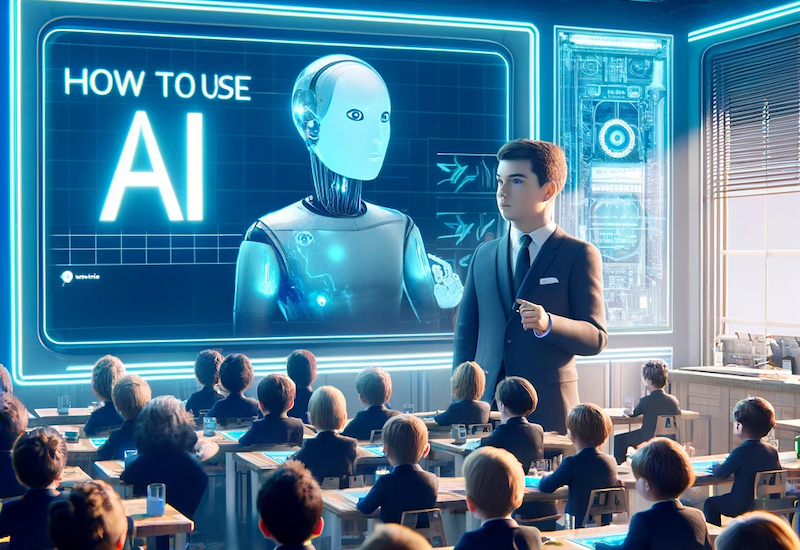 A teacher stands in front of a classroom of students, presenting a lesson on How to Use AI tools, shown on a large screen with an illustration of a humanoid robot and digital graphics.