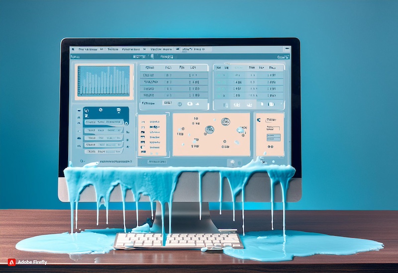 A computer monitor displays blue and orange financial charts and data. Blue liquid drips down from the screen, covering the keyboard and desk. The background is a solid blue wall.