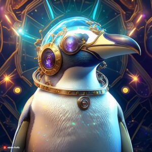 An AI-generated image of a toxic penguin inspired by early 2000s pop stars