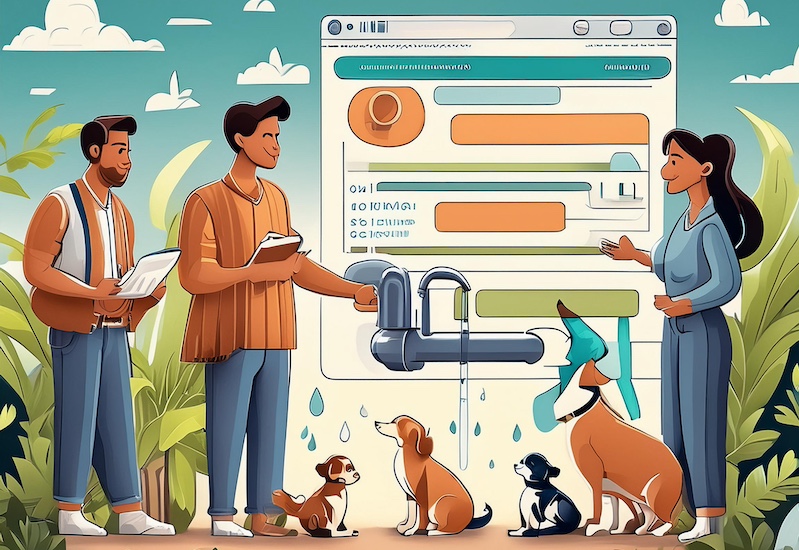 Illustration of three people discussing in front of a large interface with pipes and water drops, surrounded by four dogs sitting on grass. The scene has a colorful, playful style with nature elements.