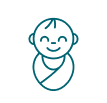 A simple line drawing of a smiling baby wrapped in a blanket. The outline is teal, and the image is on a white background.
