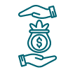 Two hands are shown with a bag featuring a Bitcoin symbol between them. The upper hand faces downward, and the lower hand faces upward, suggesting an exchange or transfer of the Bitcoin bag. The image is rendered in a teal color.