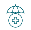 Icon of a circle with a medical cross in the center, covered by an umbrella. The design is in teal, symbolizing health protection or healthcare coverage.