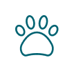 Teal paw print icon on a white background, with four oval toe pads and a larger central pad.