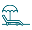 Icon of a lounge chair under a parasol on a beach. The outline is in teal against a white background.