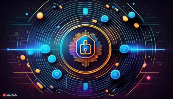 Futuristic digital security concept with a central lock symbol surrounded by glowing rings, technology icons, and dynamic patterns on a dark background.