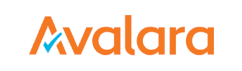 The image displays the Avalara logo, featuring the word Avalara in orange lowercase letters. The first A has a distinctive design with a blue check mark integrated into its structure. The logo is on a white background.