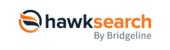 Logo for Hawksearch by Bridgeline, featuring a stylized hawk symbol in orange and navy blue followed by the company name in matching colors.