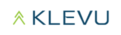 The image shows the Klevu logo, featuring stylized text that reads KLEVU in blue and an abstract green arrow design above the K.
