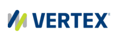 Logo of Vertex featuring two diagonal stripes, one blue and one lime green, intersecting a gray stripe. The word VERTEX is written in bold blue letters to the right.