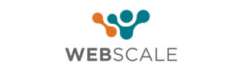 The image shows the Webscale logo, featuring stylized abstract shapes and the word WEBSCALE written below in capital letters. The shapes resemble two connected figures in teal and orange.