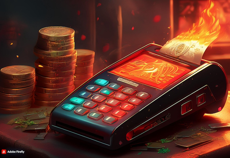 A futuristic, glowing cash register prints a fiery receipt, surrounded by stacks of coins and scattered banknotes. Warm lighting creates a dramatic atmosphere, highlighting the intense energy of the scene.