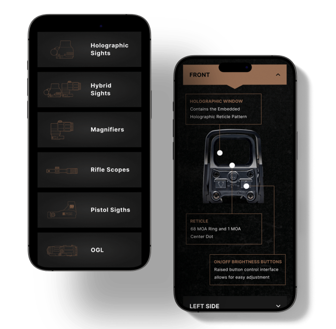 Two smartphones display tactical sight information. The left phone shows a menu with options like Holographic Sights and Rifle Scopes. The right phone details a holographic sight with an image of the product and descriptions of its features.