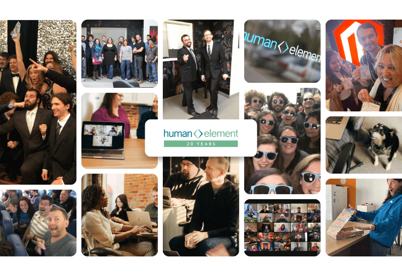 A collage of various groups of people celebrating the 20th anniversary of Human Element. Includes scenes of team gatherings, individuals working on laptops, a pet cat, and a decorative sign that reads human element 20 years.