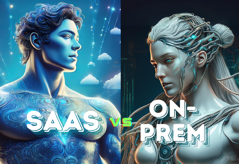 Two digitally-rendered figures face each other. The left figure, labeled SAAS, is bathed in blue with cloud motifs. The right figure, labeled ON-PREM, is in a darker setting with metallic features. Text in the center reads VS.