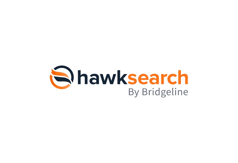 Logo of Hawksearch by Bridgeline, featuring an abstract hawk design in a circular shape on the left. Hawksearch is written in bold, with Hawk in dark blue and search in orange. Below, By Bridgeline is in smaller gray text.