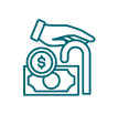 A teal line icon of a hand placing a Bitcoin coin into a stack of paper currency, symbolizing cryptocurrency and finance.