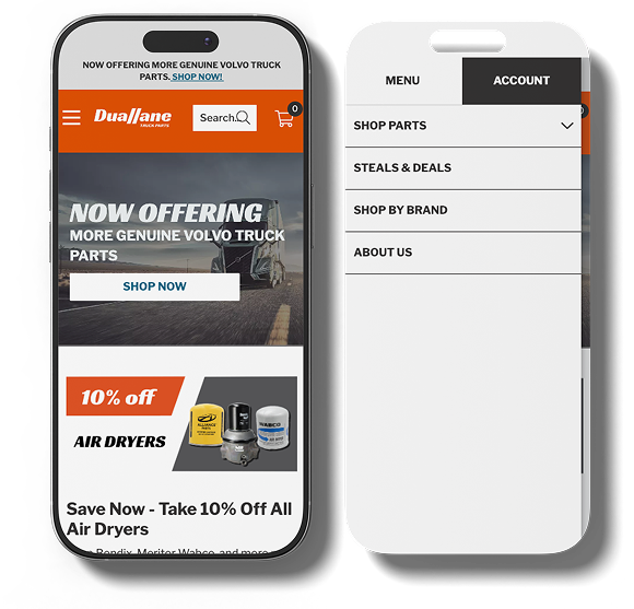 Two mobile screens of the DualLane website. The first screen shows a promotional banner for genuine Volvo truck parts with a 10% off offer on air dryers. The second screen displays a menu with options: Shop Parts, Steals & Deals, Shop by Brand, About Us.