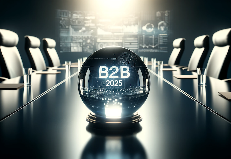 A modern conference room features a glass crystal ball on a polished table with B2B 2025 illuminated inside it. In the background, digital displays show charts and graphs, suggesting a focus on future business trends.
