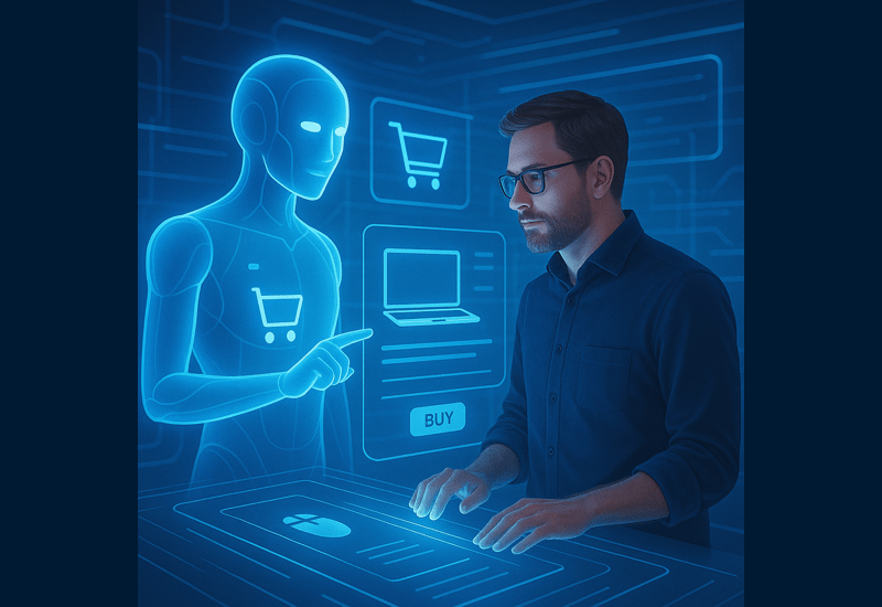 A man interacts with a digital interface while a glowing blue humanoid AI assistant points at a virtual shopping cart icon, symbolizing AI-assisted online shopping or eCommerce automation