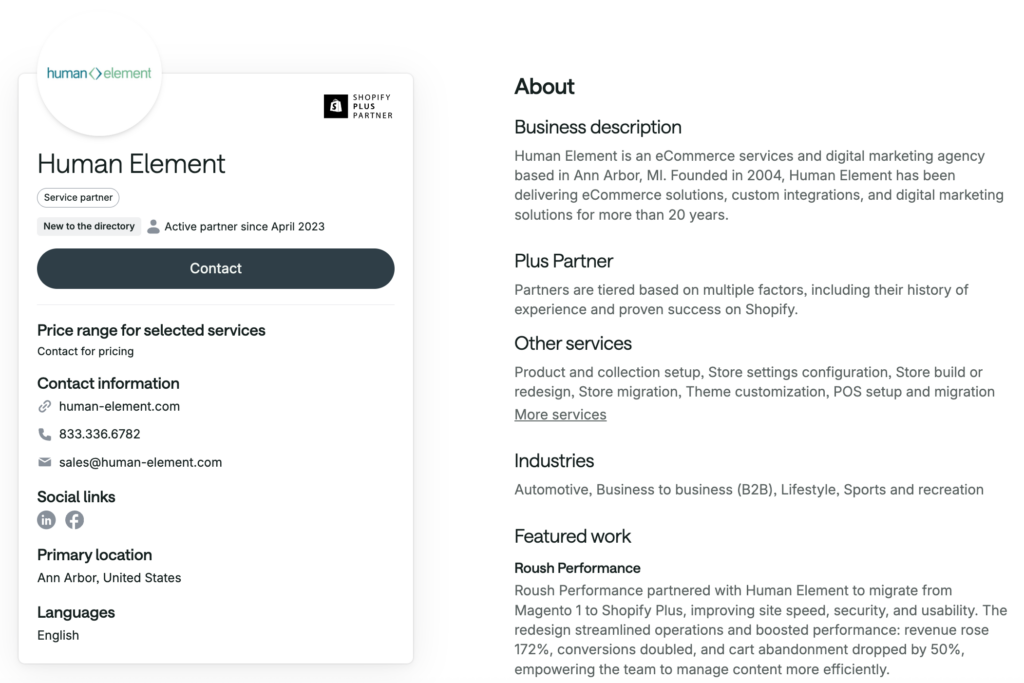Human Element Shopify Plus partner directory profile
