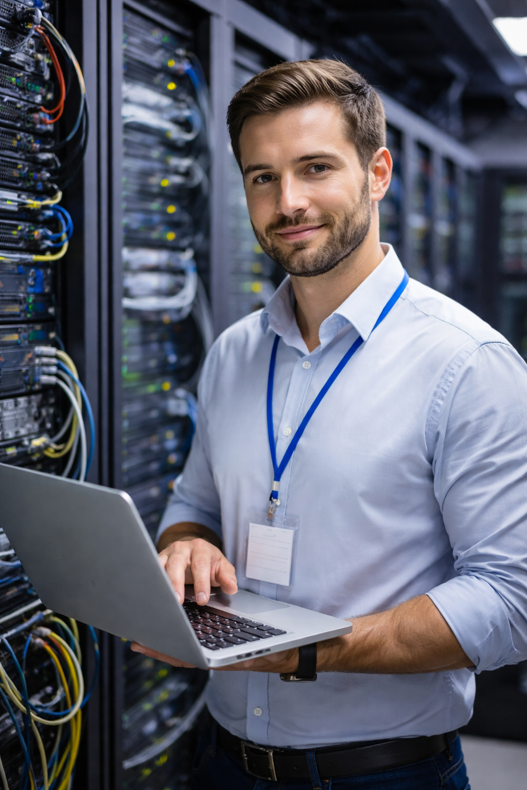 Man holding computer in server room