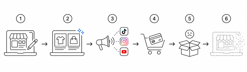 shows the 6 steps that fake sites go through to scam customers. 