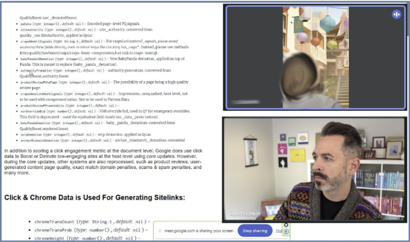 Anonymized screenshot of a video call between Rand Fishkin and an anonymous former Google employee, discussing leaked Google Search API documents, 2024.