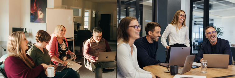 two photos side by side with each photo containing a group of office workers laughing. 