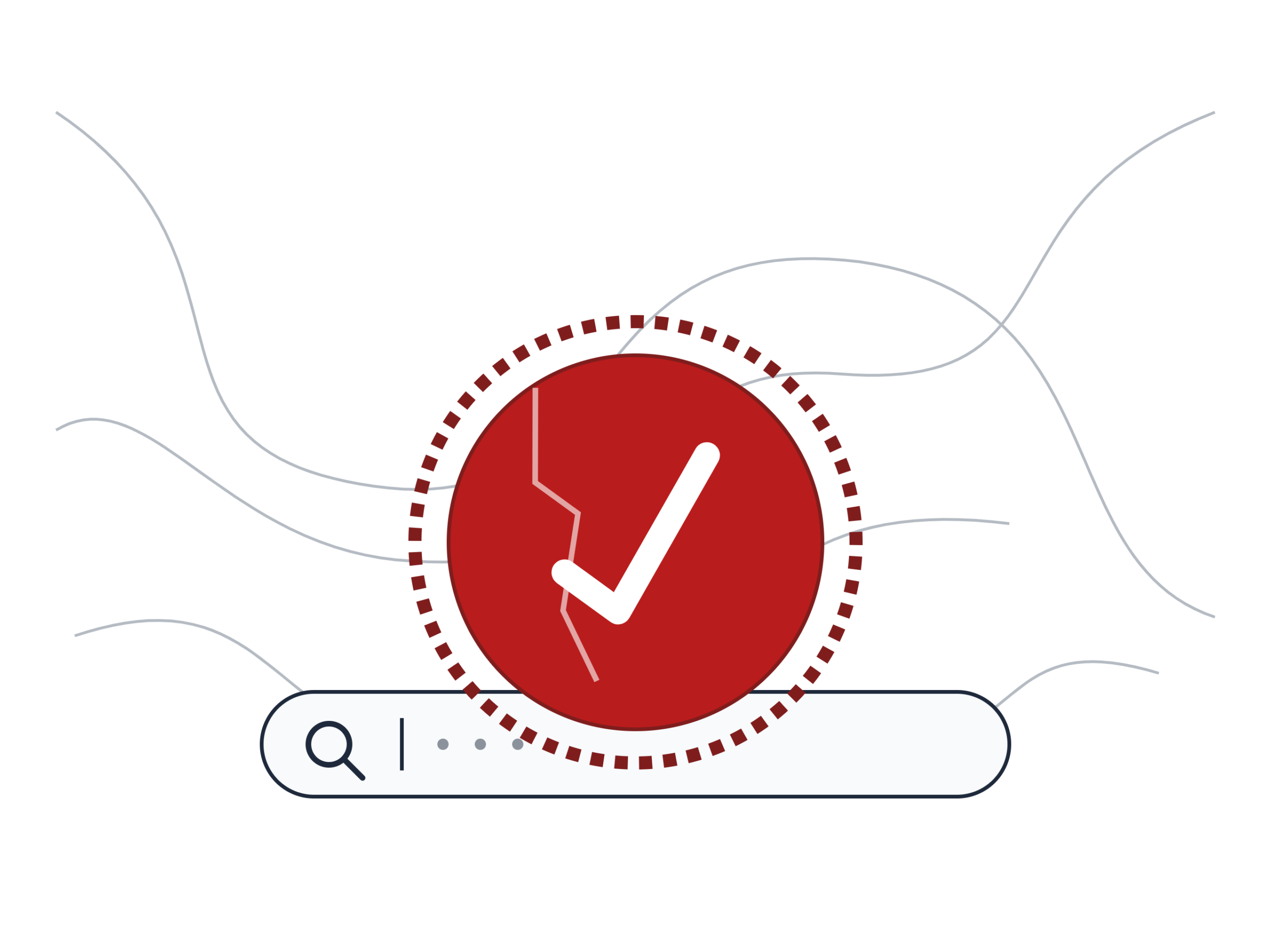 search bar with a tangled web of faint source lines underneath it, and a cracked red certification stamp tilted on top